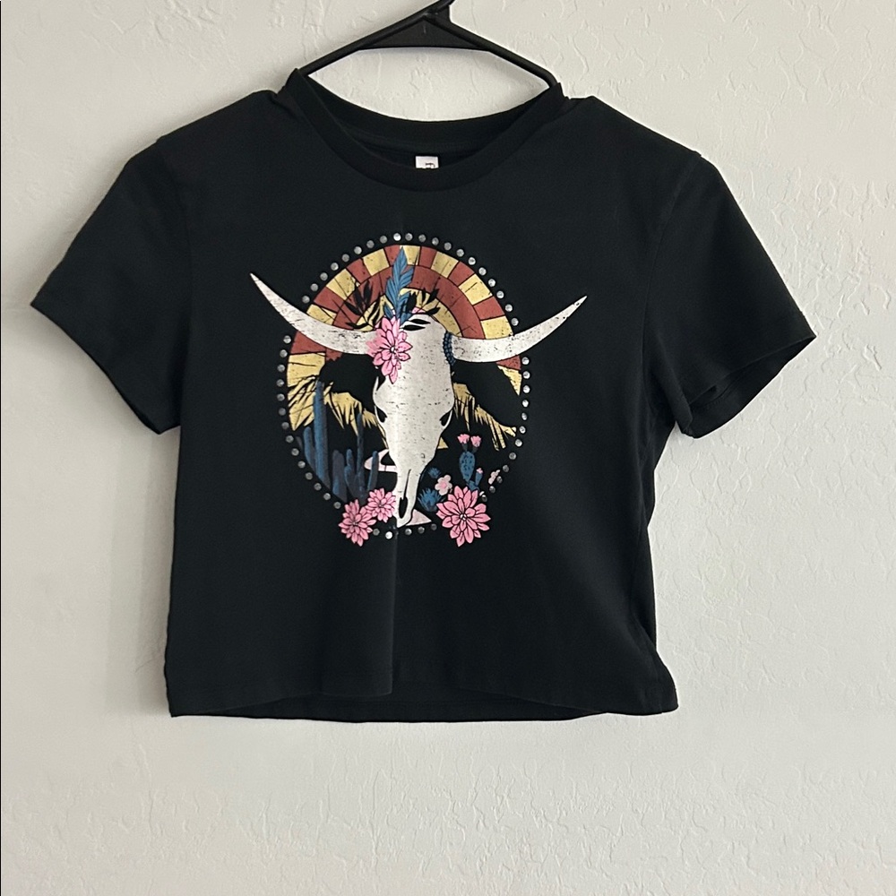 Black Graphic Crop Top with Bull Skull Design